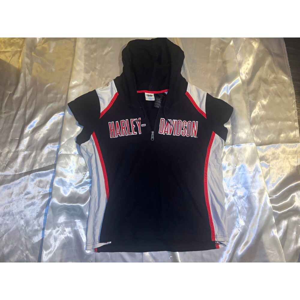 Harley-Davidson Women's 1W Plus Short Sleeve Hooded 1/4 Zip Top Black White Red